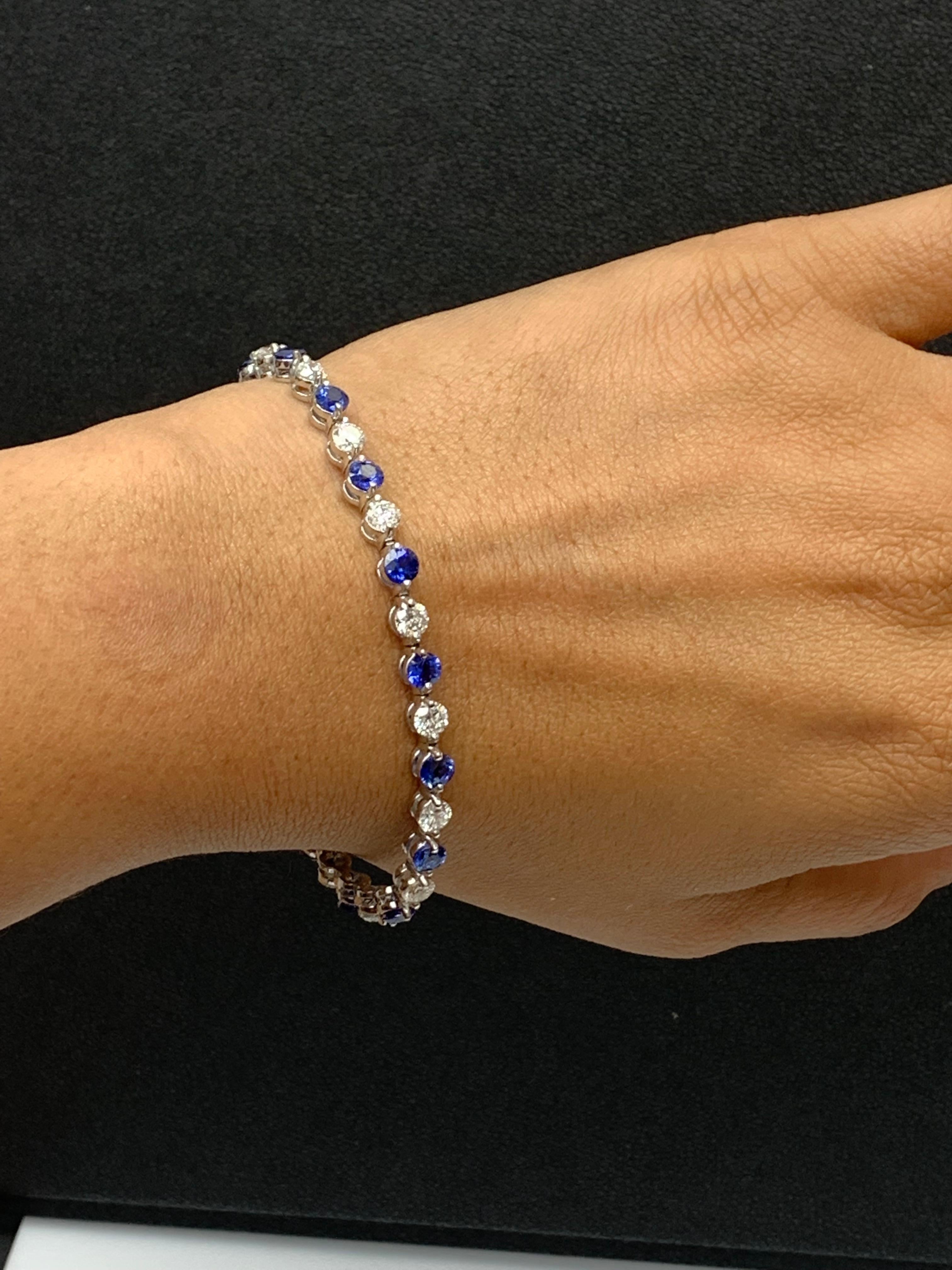 4.10 Carat Round Blue Sapphire and Diamond Bracelet in 14K White Gold For Sale 1