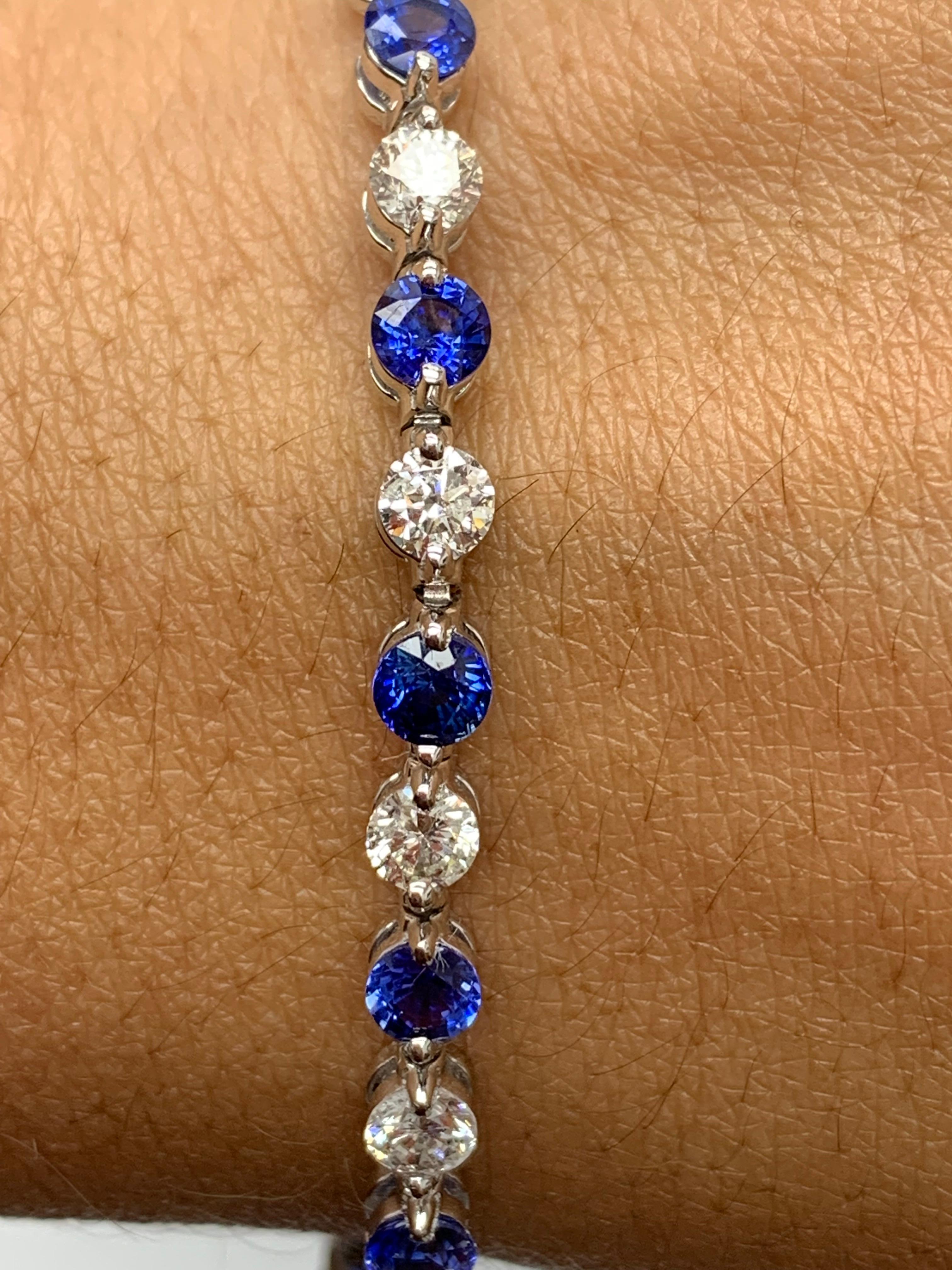 4.10 Carat Round Blue Sapphire and Diamond Bracelet in 14K White Gold For Sale 3