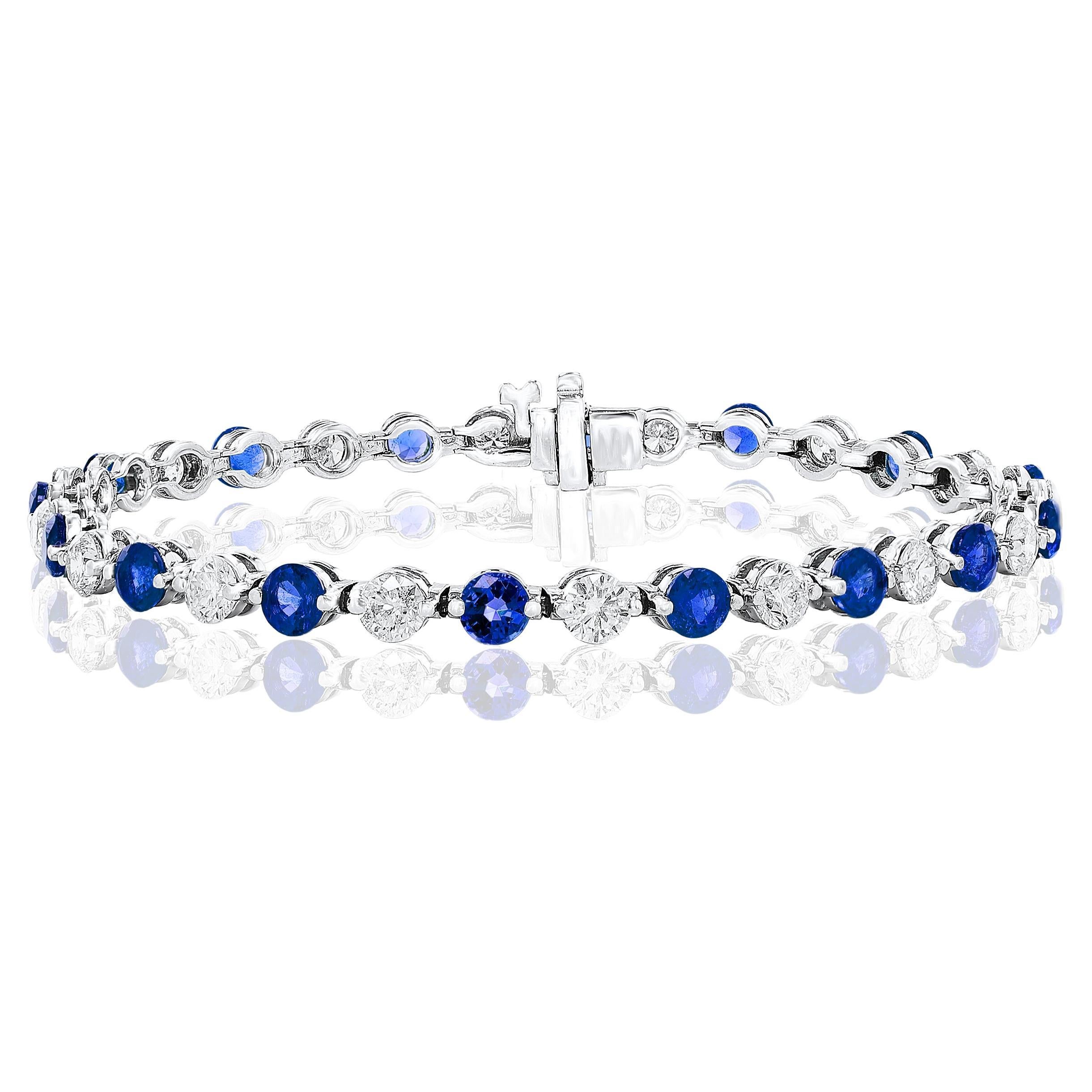 4.10 Carat Round Blue Sapphire and Diamond Bracelet in 14K White Gold