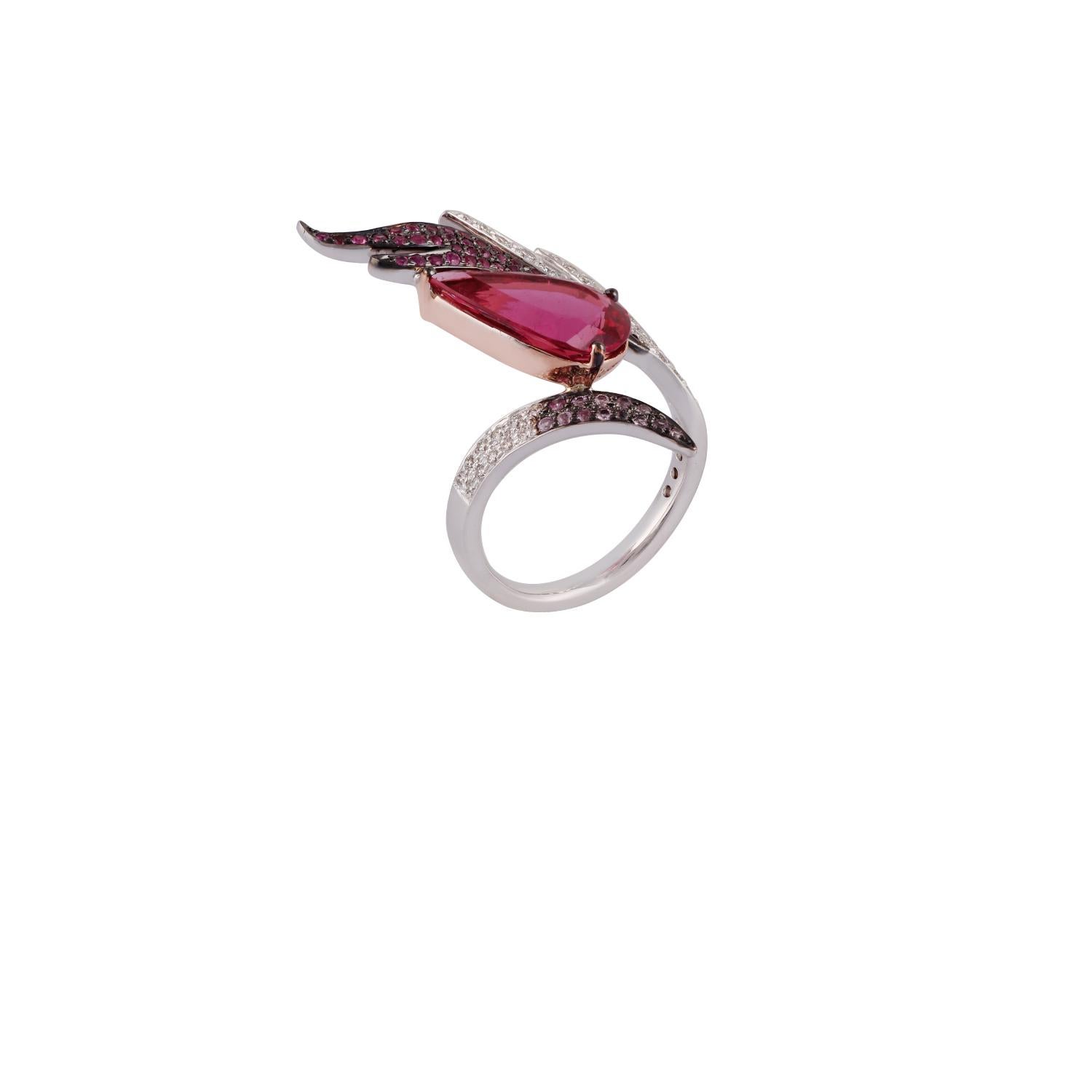 This is a gorgeous rubellite, pink sapphire & diamond ring features pear-shaped rubellite 1 piece weight 4.10 carat, round-shaped pink sapphires 48 pieces weight 0.40 carat with round brilliant cut diamonds 44 pieces weight 0.54 carat this entire