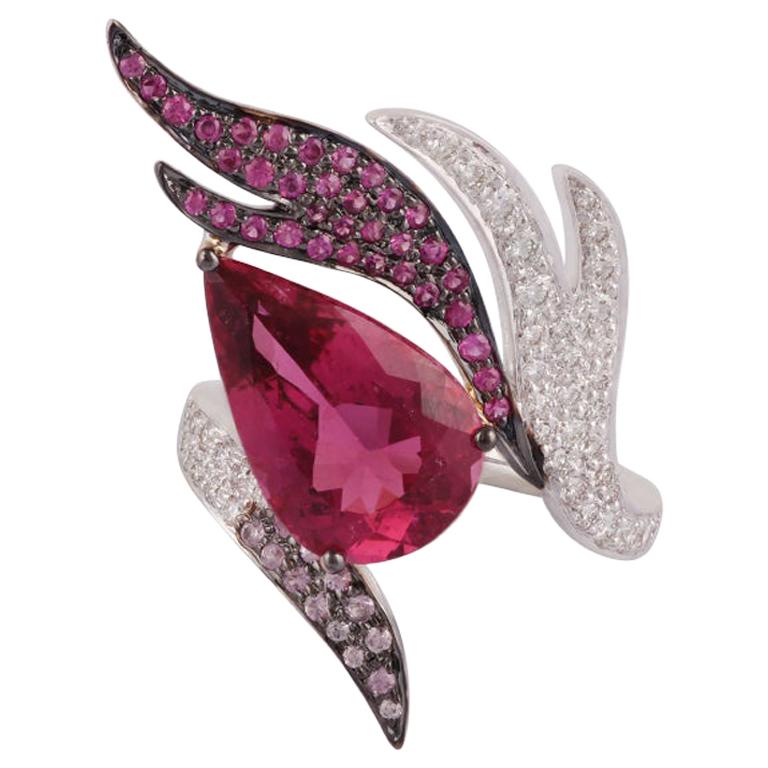 4.10 Carat Rubellite, Pink Sapphire and Diamond Ring Studded in 18 Karat Gold