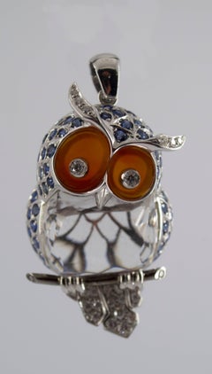 4.10 Carat Sapphire Diamond White Gold Owl Pendant Necklace