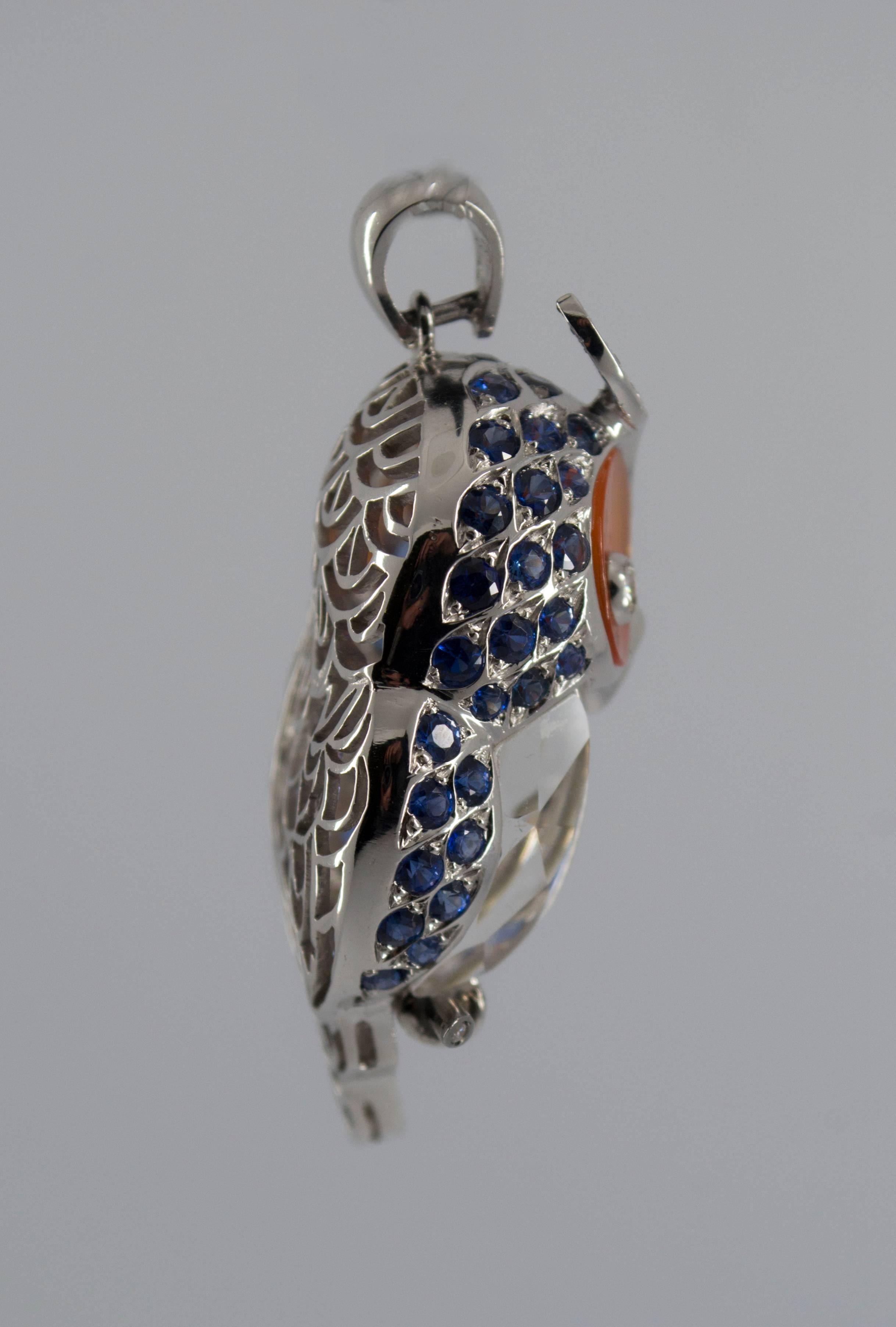 Contemporary 4.10 Carat Sapphire Diamond White Gold Owl Pendant Necklace