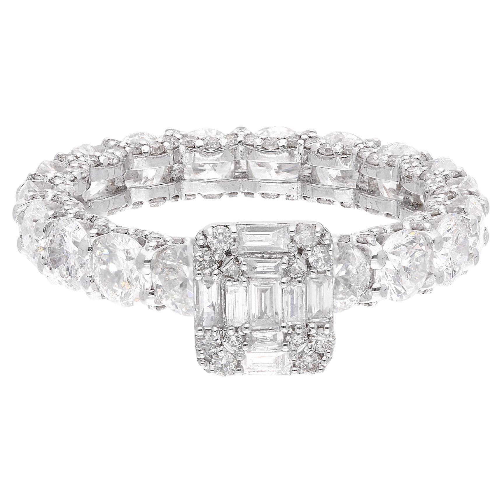 Bague joaillière en or blanc 18 carats avec diamants ronds baguettes SI/HI de 4,10 carats