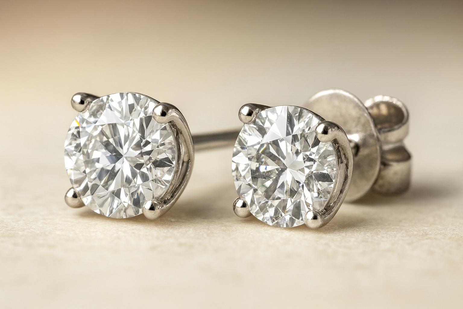 Boucles d'oreilles classiques en diamant rond de taille brillant d'un poids total de 4,10 carats. Chaque diamant mesure environ 8,08 mm x 7,98 mm et présente une face supérieure d'un blanc éclatant dans la gamme de couleurs F-G recherchée.

Avec une