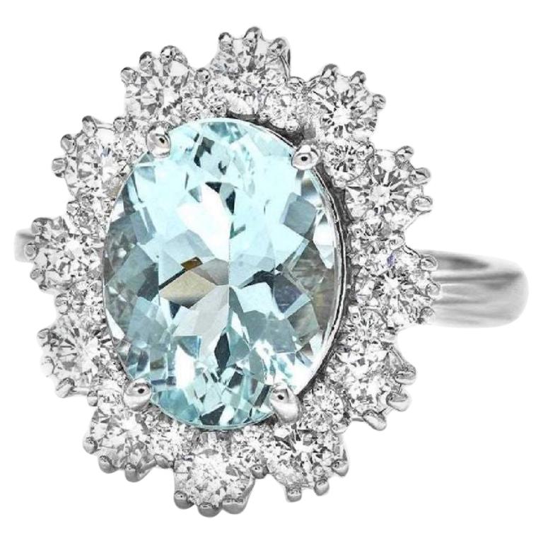 Bague impressionnante en or blanc massif 14 carats avec aigue-marine naturelle de 4,10 carats et diamants