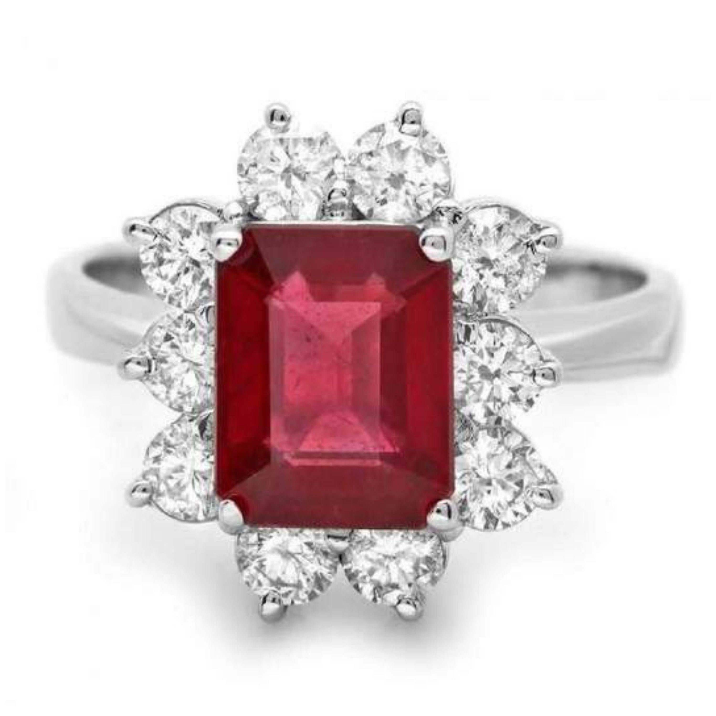4.10 Carat Impressive Natural Red Ruby and Diamond 14 Karat White Gold Ring In New Condition For Sale In Los Angeles, CA