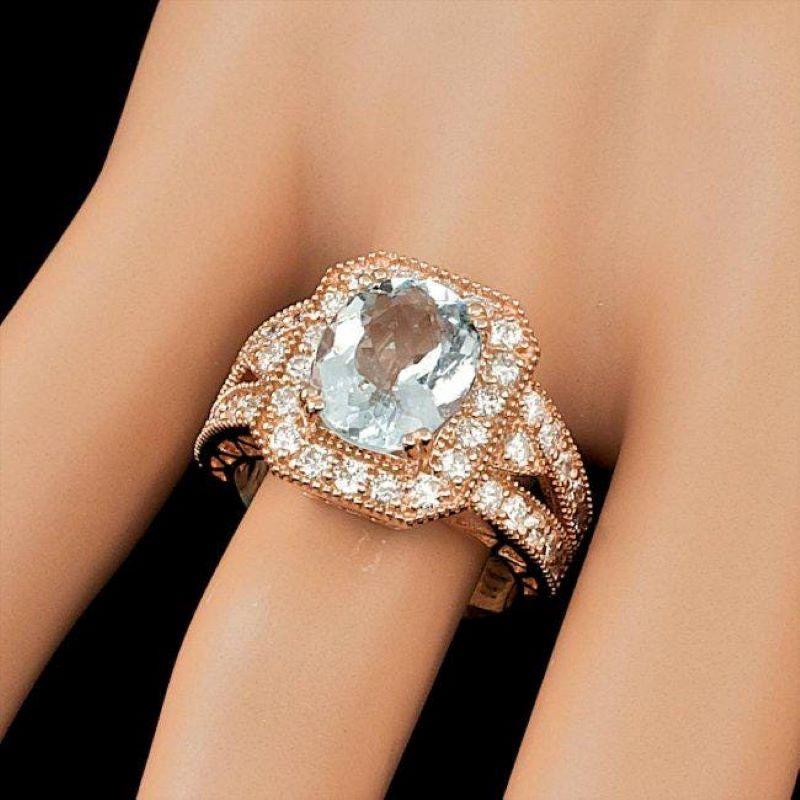 Mixed Cut 4.10 Carats Natural Aquamarine and Diamond 14K Solid Rose Gold Ring For Sale