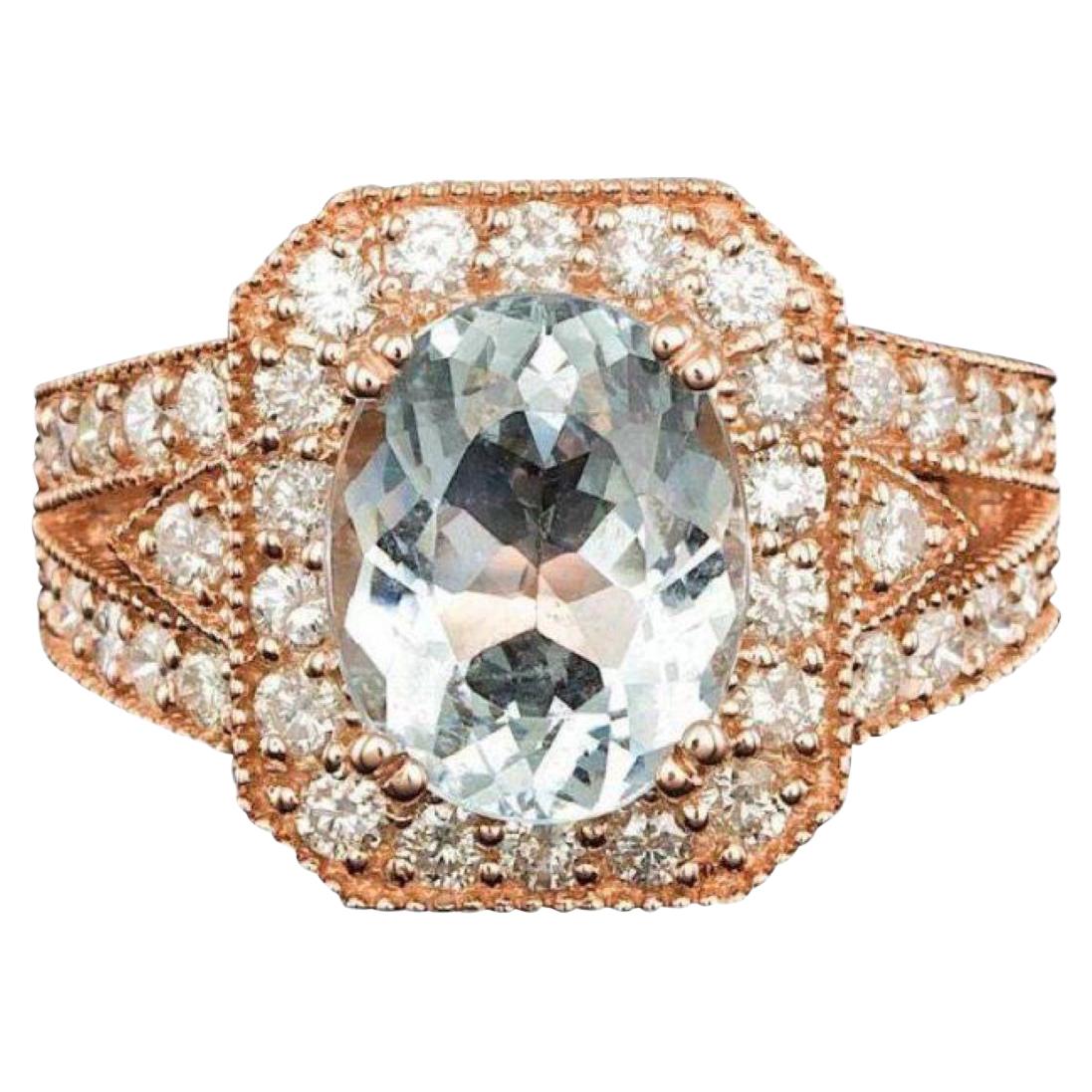 14 Karat massiver Roségold Ring mit 4,10 Karat natürlichem Aquamarin und Diamant