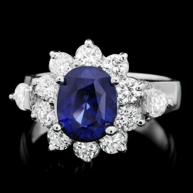 Mixed Cut 4.10 Carats Natural Blue Sapphire and Diamond 14K Solid White Gold Ring For Sale