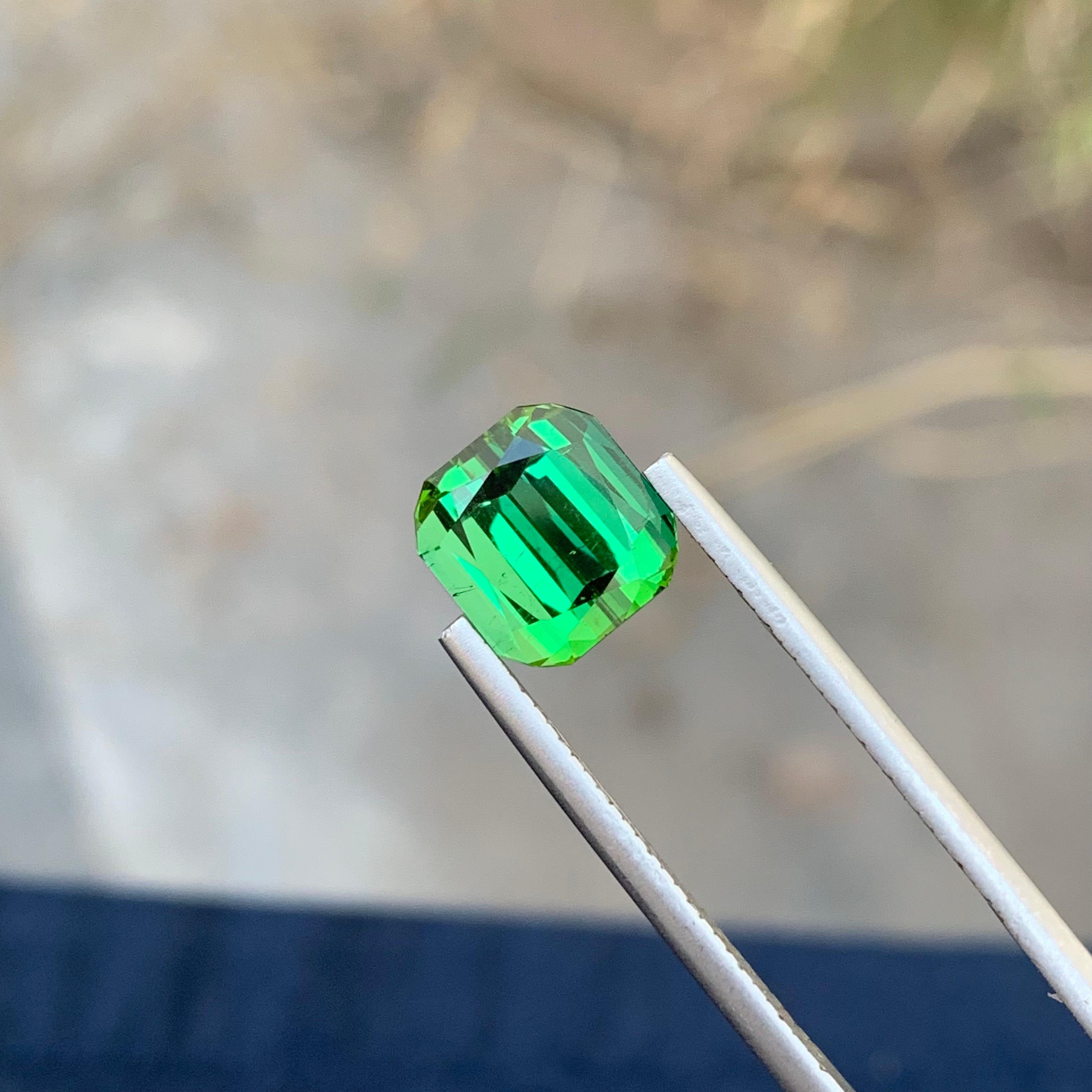 Loose Tourmaline 
Weight: 4.10 Carats 
Dimension: 8.6x8.2x7 Mm
Origin: Kunar Afghanistan 
Shape: Cushion
Color: Green
Treatment: Non
Certificate: On Demand 
Green Tourmaline, a gemstone of unparalleled beauty, is a member of the Tourmaline mineral