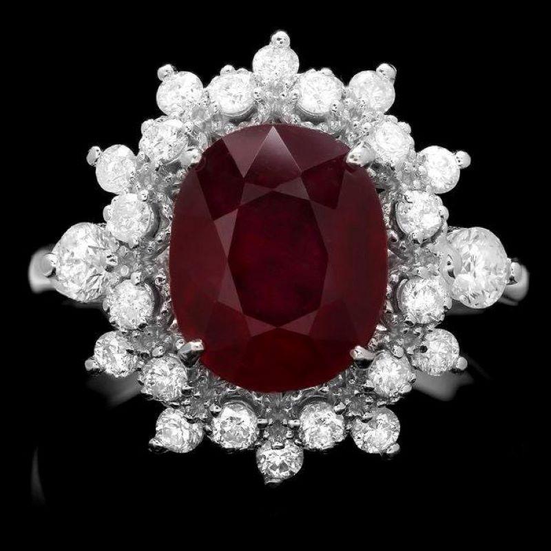 Mixed Cut 4.10 Carats Natural Red Ruby and Diamond 14k Solid White Gold Ring For Sale