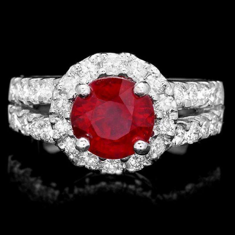 Mixed Cut 4.10 Carats Natural Red Ruby and Diamond 14K Solid White Gold Ring For Sale