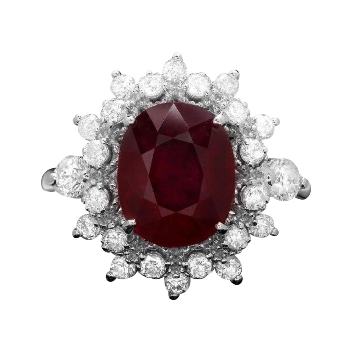 4.10 Carats Natural Red Ruby and Diamond 14k Solid White Gold Ring For Sale