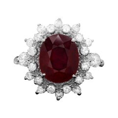 4.10 Carats Natural Red Ruby and Diamond 14k Solid White Gold Ring