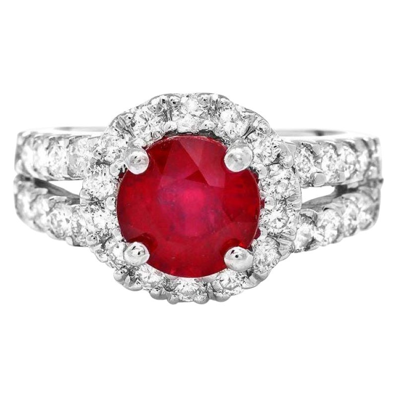 Anello in oro bianco massiccio 14K con rubino rosso naturale e diamante da 4,10 carati