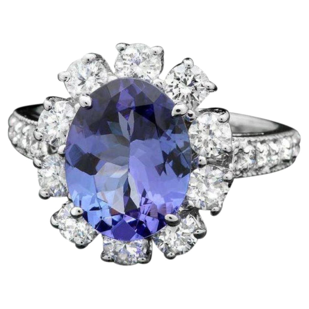 14 Karat massiver Weißgold Ring mit 4,10 Karat natürlichem Tansanit und Diamant