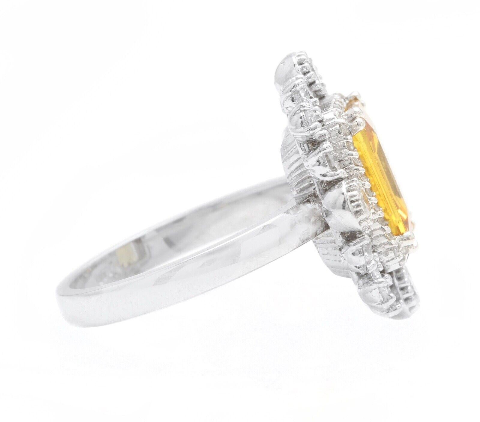 Mixed Cut 4.10 Ct Exquisite Natural Yellow Sapphire and Diamond 14K Solid White Gold Ring For Sale