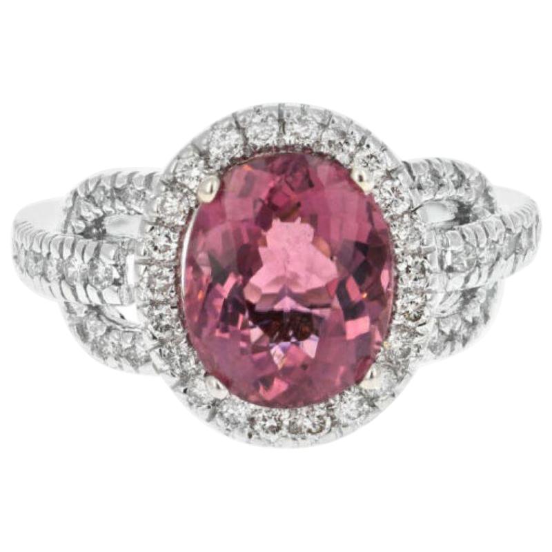 4.10 Ct Natural Very Nice Looking Tourmaline & Diamond 14K Solid White Gold Ring For Sale