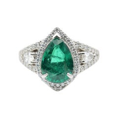 4.10 Ct. Pear Shape Emerald & Diamond Ring in 18k White Gold