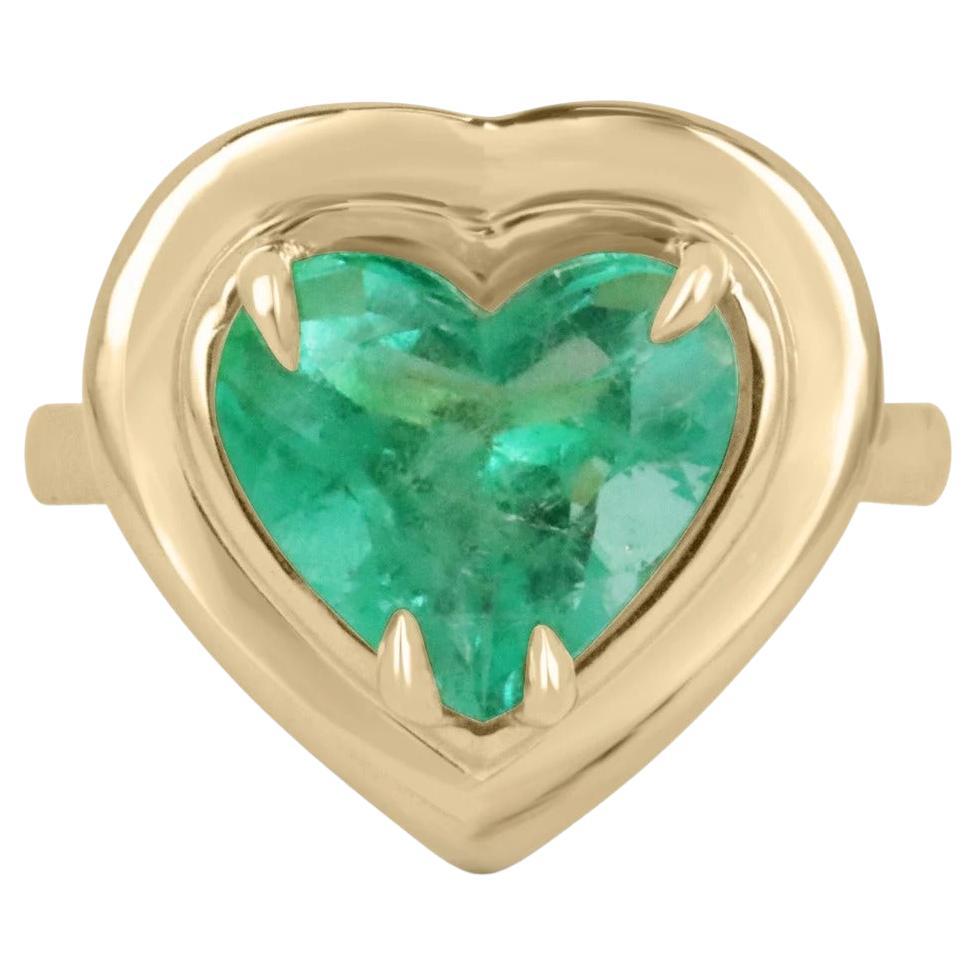 4.10ct 18K Vivid Green Colombian Emerald Heart Cut Solitaire Gold Statement Ring For Sale