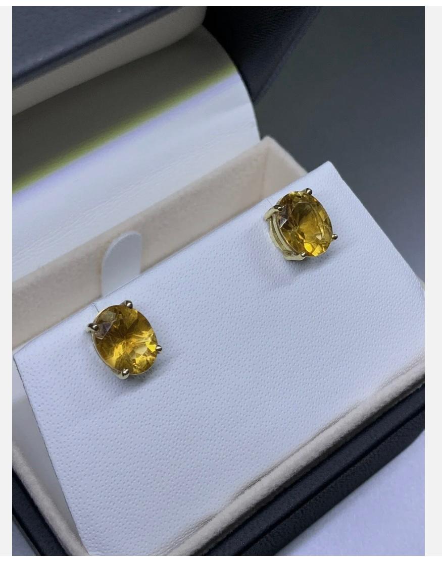 Art Deco 4.10ct Citrine Chunky Solitaire Studs Earrings In 9ct Yellow Gold For Sale