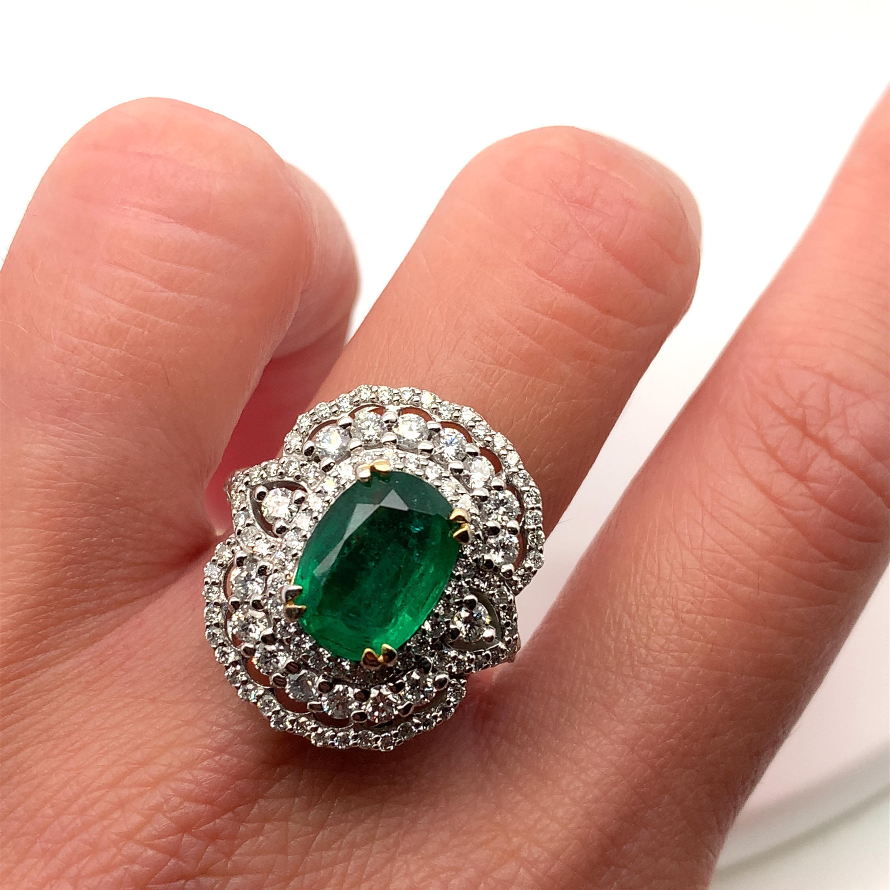 Oval Cut 4.10ct Emerald and Diamond Halo Cocktail Ring 18ct White Gold For Sale