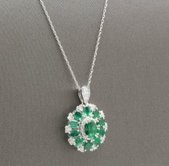 4.10Ct Natural Emerald and Diamond 14K Solid White Gold Necklace