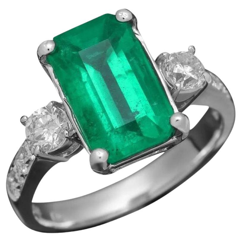 4.10Ct Natural Emerald and Diamond 18K Solid White Gold Ring