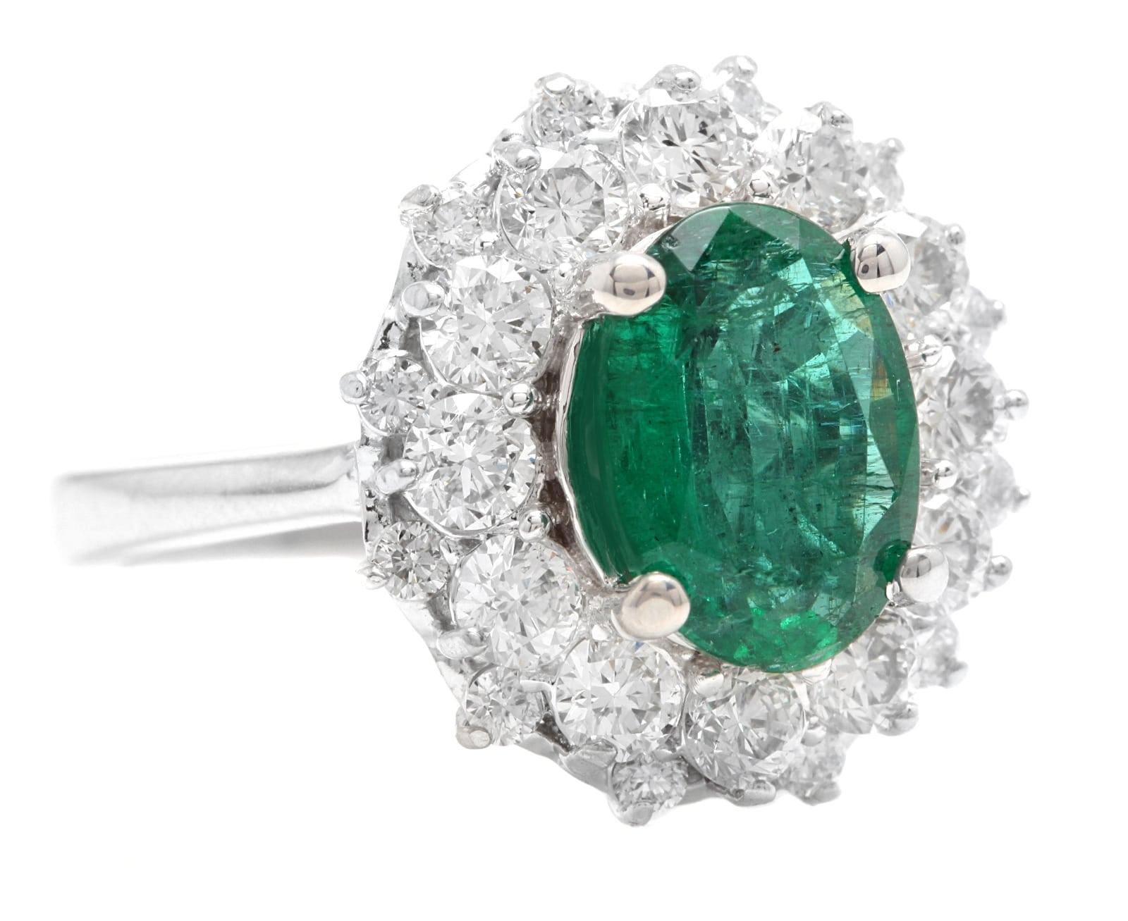 4.10 Carats Natural Emerald and Diamond 18K Solid White Gold Ring

Suggested Replacement Value: $7,000.00

Total Natural Green Emerald Weight is: Approx. 3.00 Carats (transparent)

Emerald Measures: 9 x 7mm

Natural Round Diamonds Weight: Approx.