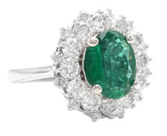 4.10ct Natural Emerald & Diamond 18k Solid White Gold Ring