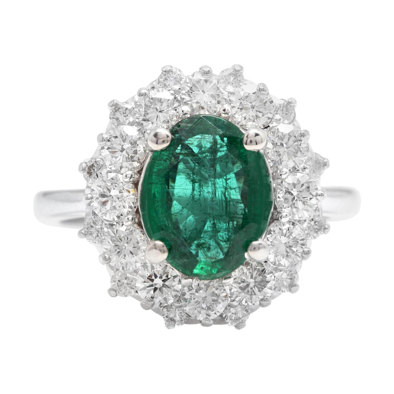 4.10ct Natural Emerald & Diamond 18k Solid White Gold Ring For Sale