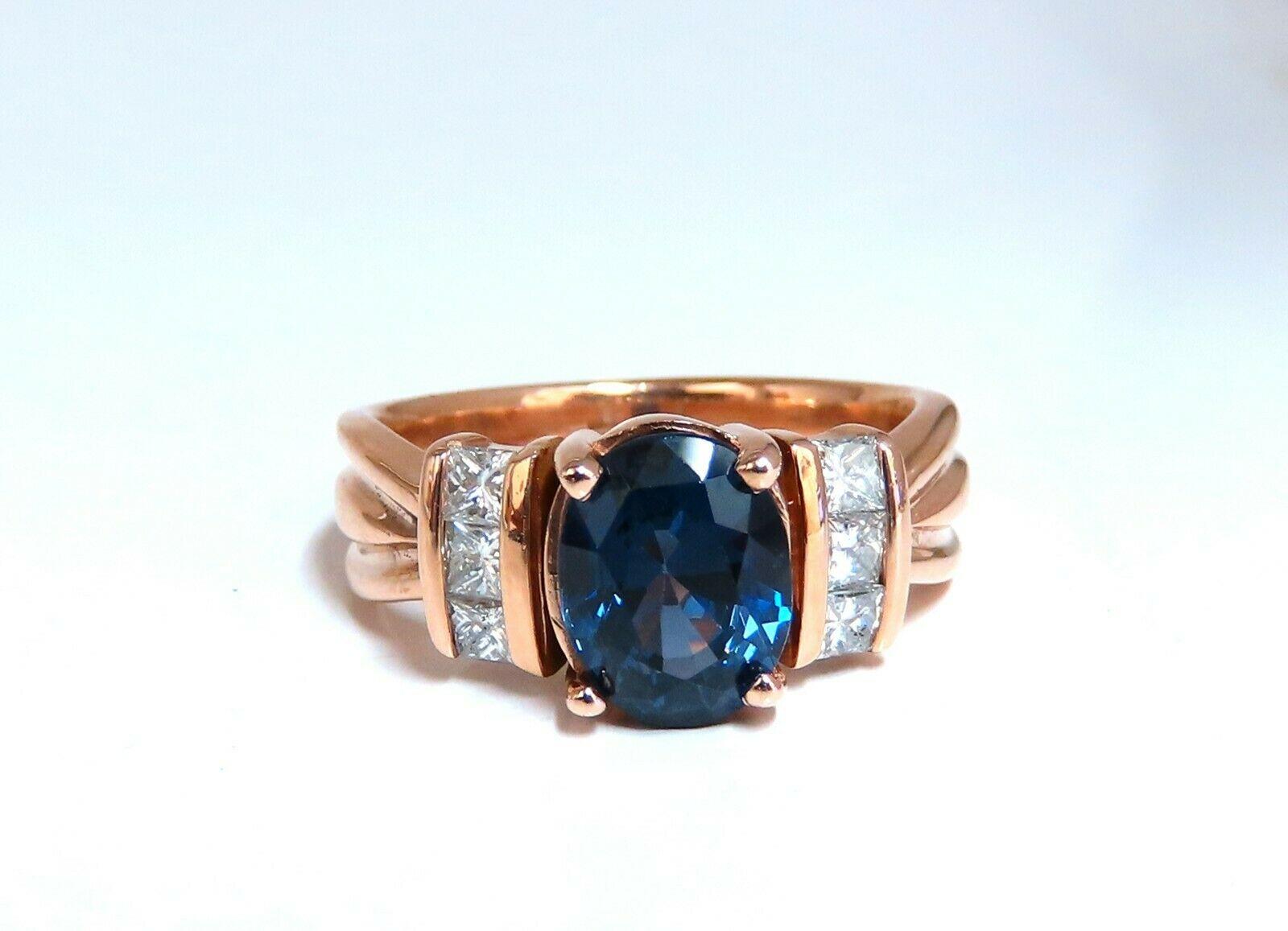 Tanzanite & Diamond Accent Ring

3.50ct. Natural Tanzanite

Very clean clarity

A+ superb transparency

The Fine Gem Green -blue tanzanite

8.8 x 6.7mm Diameter

.60ct. diamonds.

Princess Cut and full cuts.

G color, Vs-2 clarity.

14kt. rose gold