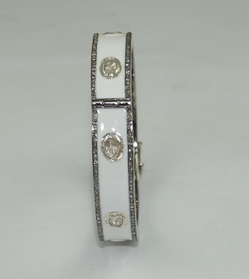Uncut 4.10ct Natural uncut rose cut diamond white enamel oxidized 925 silver bracelet For Sale