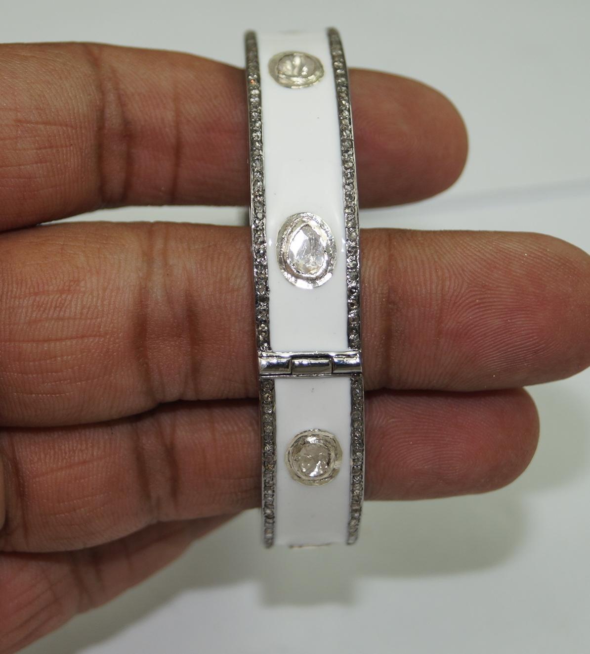 4.10ct Natural uncut rose cut diamond white enamel oxidized 925 silver bracelet For Sale 1