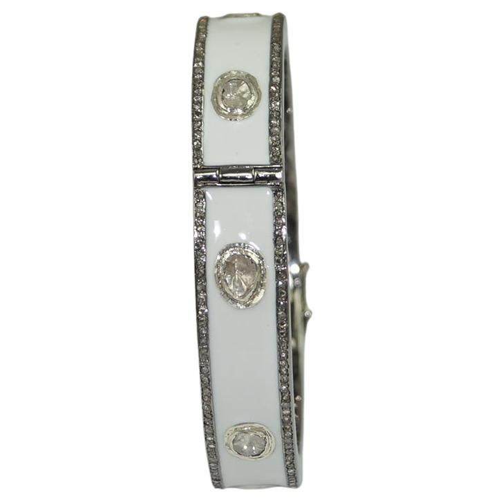 4.10ct Natural uncut rose cut diamond white enamel oxidized 925 silver bracelet For Sale