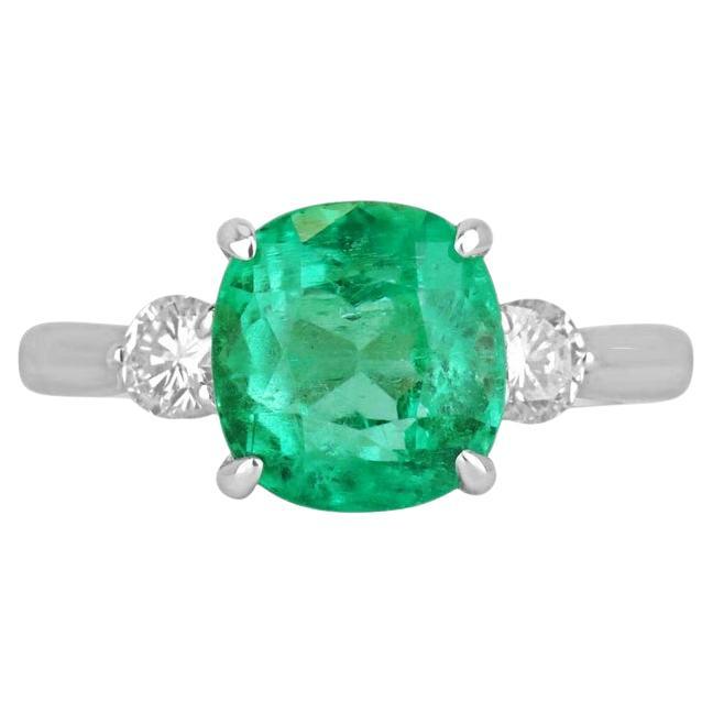 4.10tcw Colombian Emerald & Diamond Three Stone Ring in 14K White Gold