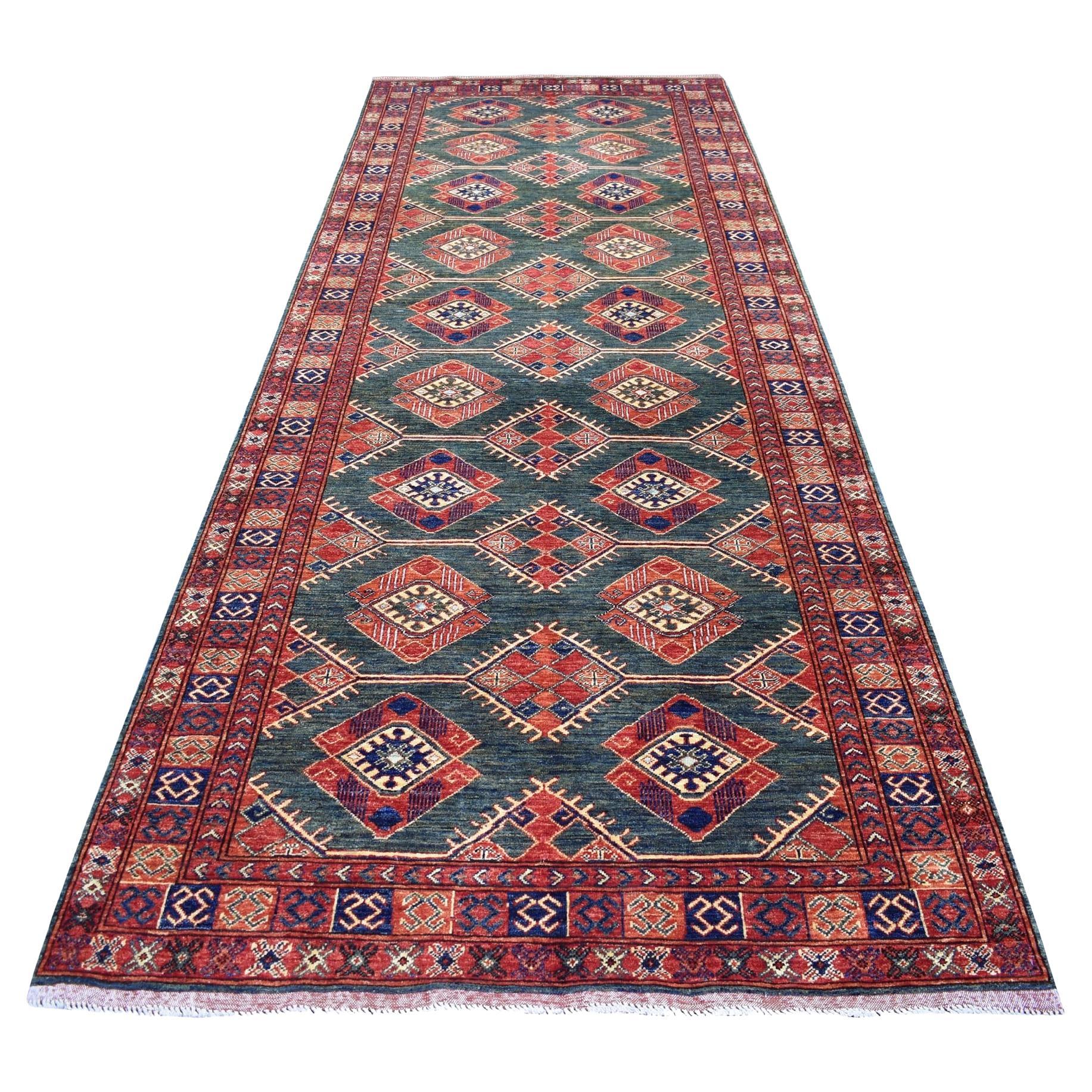 4'10"x12'9" Teal Afghan Ersari with Geometric Design Hand Knotted Wool Rug