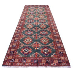 4'10"x12'9" Teal Afghan Ersari with Geometric Design Hand Knotted Wool Rug