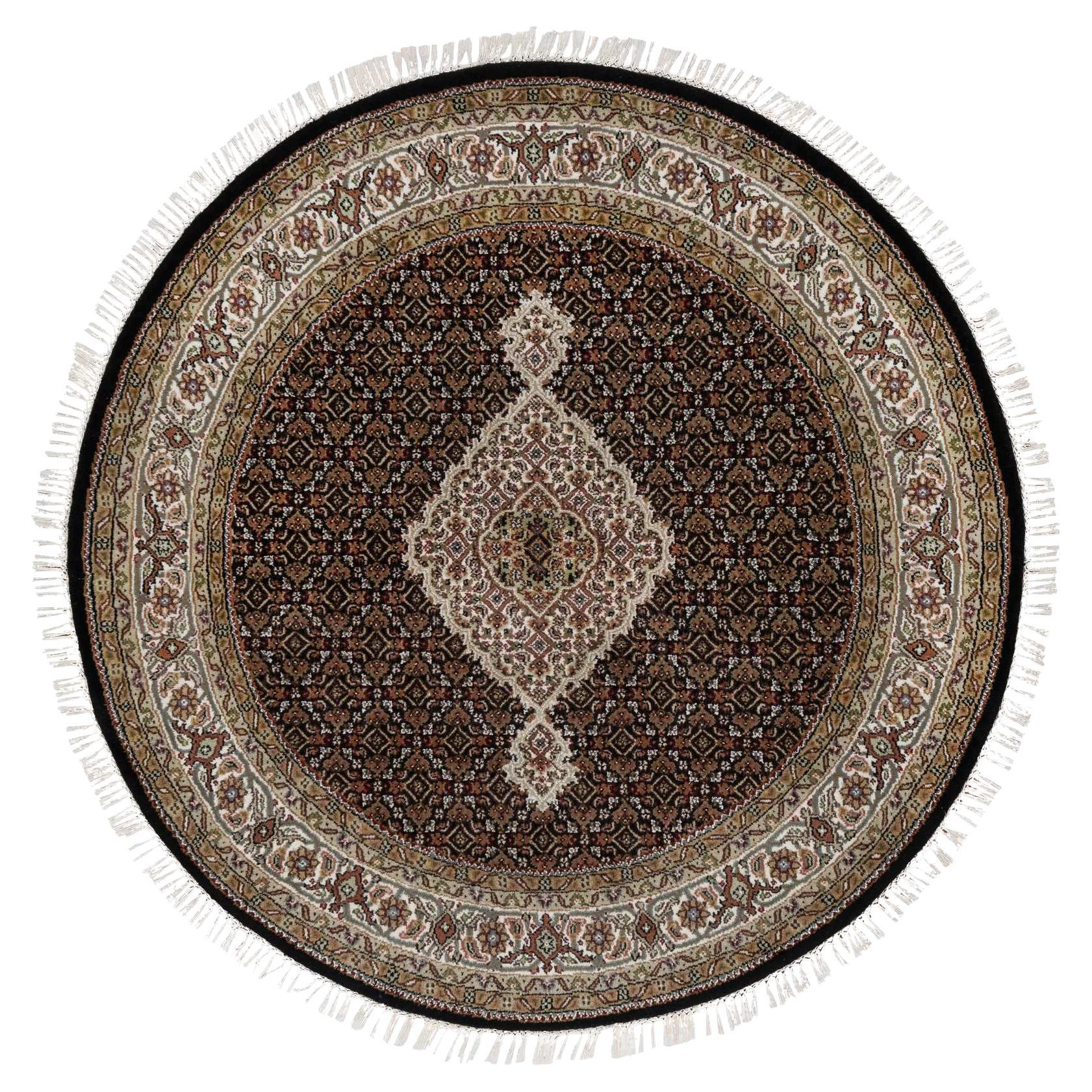 4'10"x4'10" Black Tabriz Mahi with Fish Design 175 KPSI Hand Knotted Wool Rug