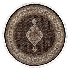 4'10"x4'10" Black Tabriz Mahi with Fish Design 175 KPSI Hand Knotted Wool Rug