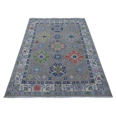 4'10"x6'1" Battleship Gray All Over Caucasian Design Fusion Kazak Oriental Rug