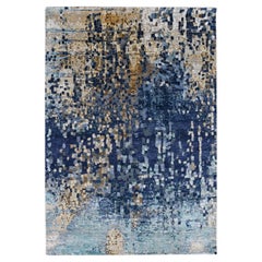 4'10"x6'10" Blue with Gold Modern Mosaic Design Hand Knotted Wool and Silk Rug