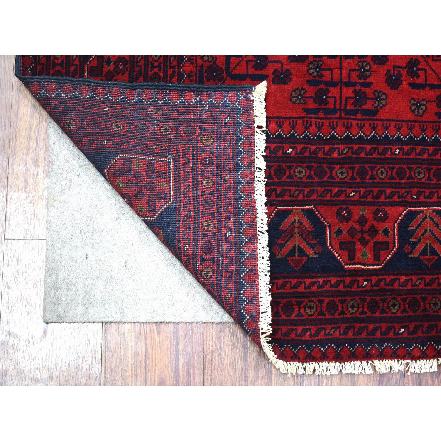 This is a truly genuine one-of-a-kind Deep and Saturated Red with Touches of Blue, Hand Knotted Afghan Khamyab with Geometric Design, Shiny Wool, Oriental Rug. It has been Knotted for months and months in the centuries-old weaving craftsmanship