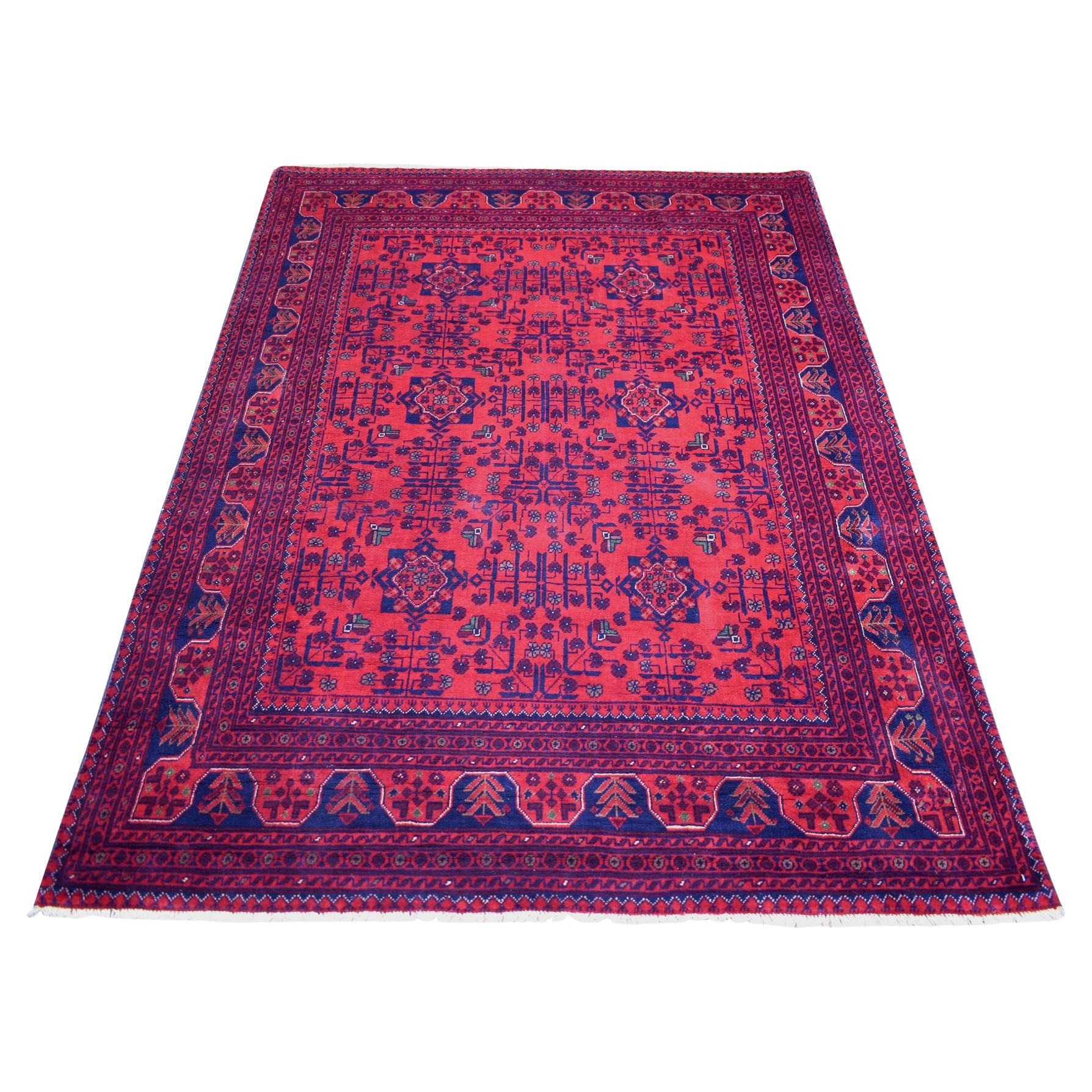 4'10"x6'3" Deep and Saturated Red Hand Knotted Afghan Khamyab Shiny Wool Rug