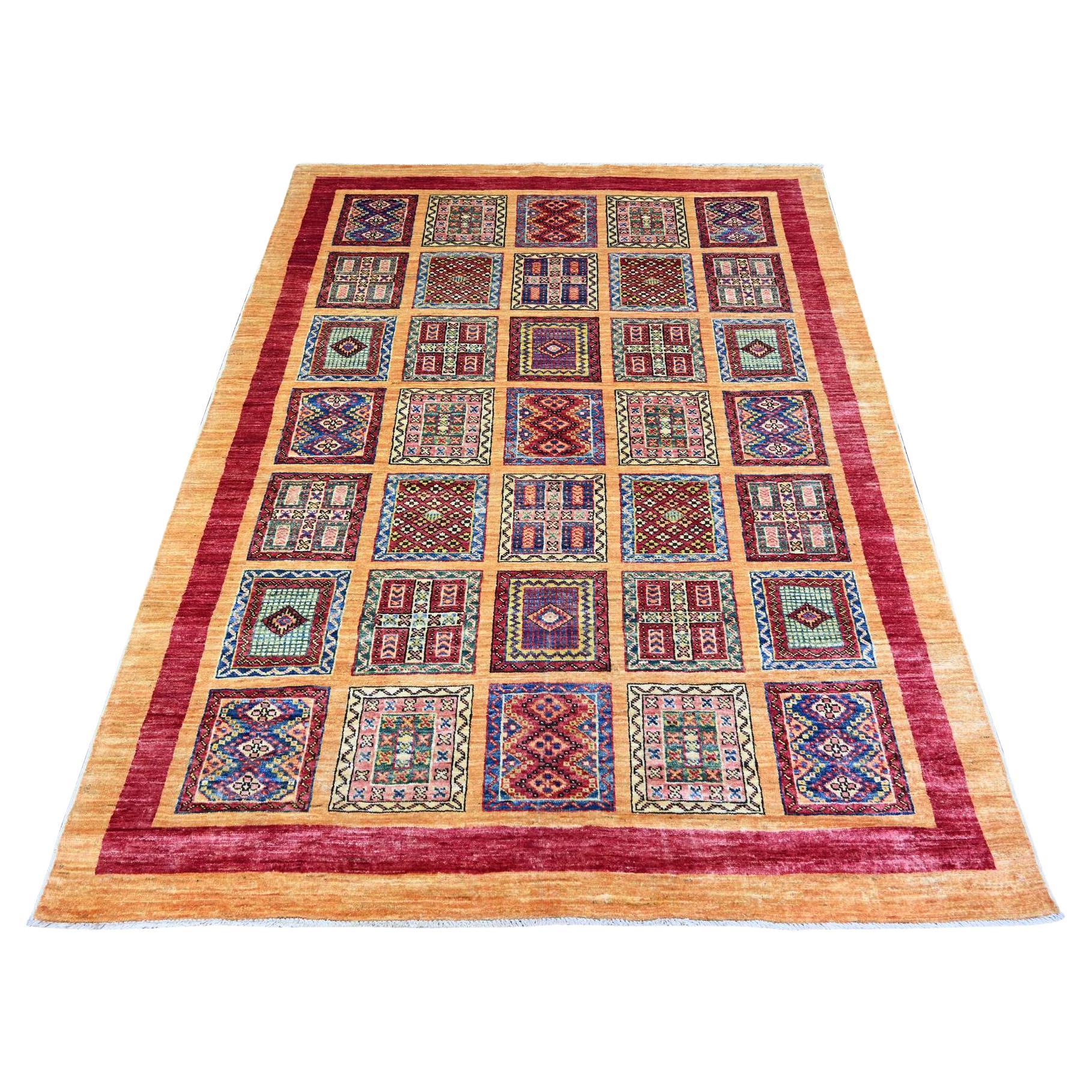 4'10 "x6'3" Tappeto Afghano in Lana Marrone Ocra Super Kazak Garden Design Annodato a Mano in vendita
