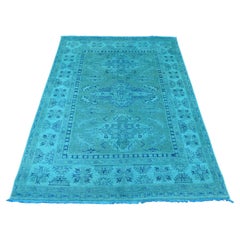 4'10'x6'3" Sapphire Blue Overdyed Kazak Medallions Design Hand Knotted Wool Rug