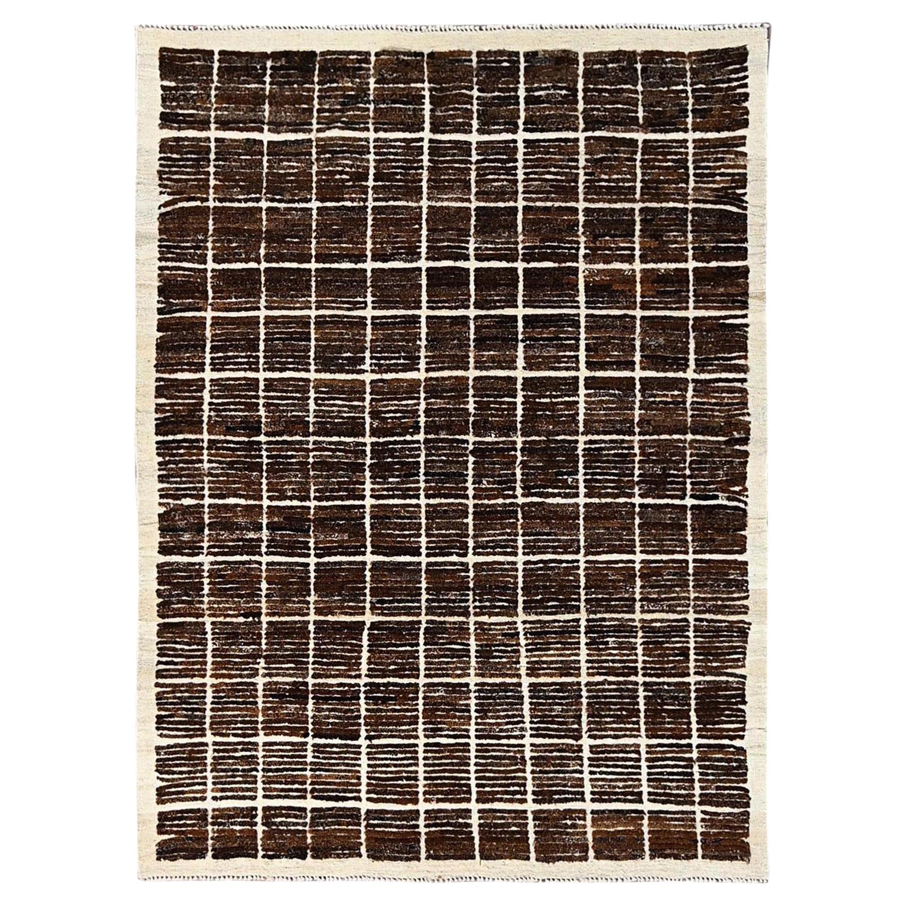 4
10"x6
4" Brown Moroccan Weave with Grid Design Hand Knotted Natural Wool Rug