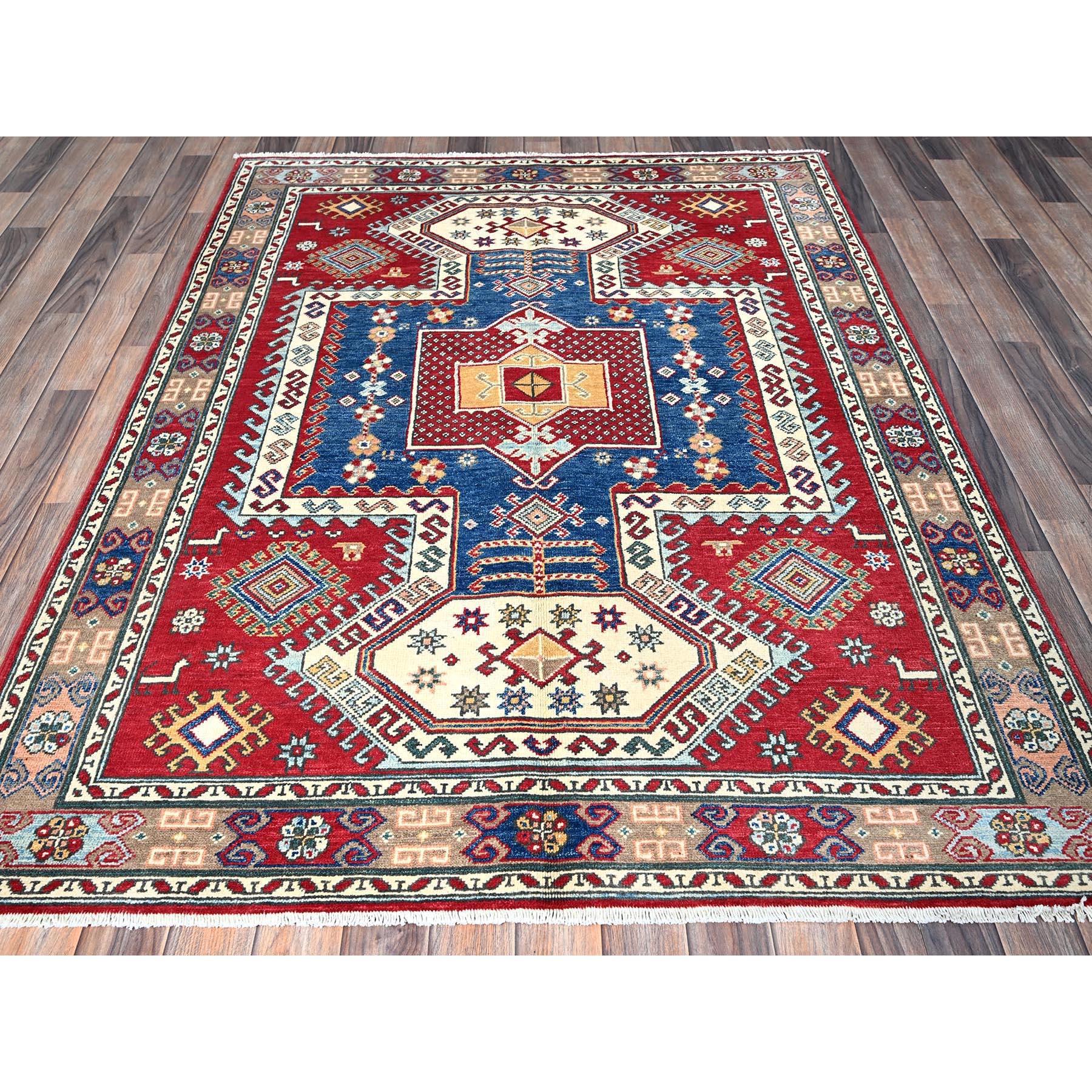 Crimson Red, Antique Karachop Kazak Design, Hand Knotted, Soft and Velvety Wool, Denser Weave, Vegetable Dyes, Oriental Rug
Primary materials: Wool
Latex: No Pile 
height: 0.25 Inches
Style: Traditional
Primary color: Red
Secondary colors: Ivory,