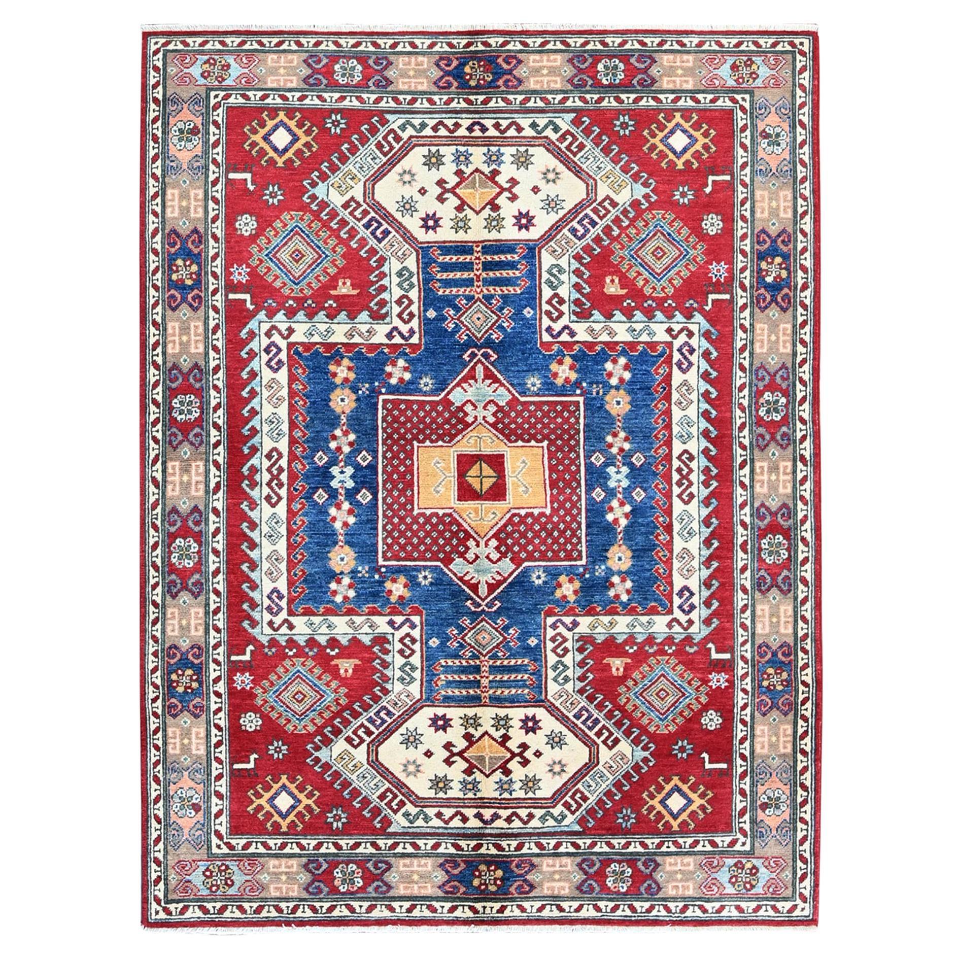 4'10"x6'5" Crimson Red Antique Karachop Kazak Design Hand Knotted Pure Wool Rug For Sale